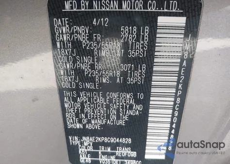 2012 Nissan Quest Le from USA, damaged, VIN JN8AE2KP8C9044828